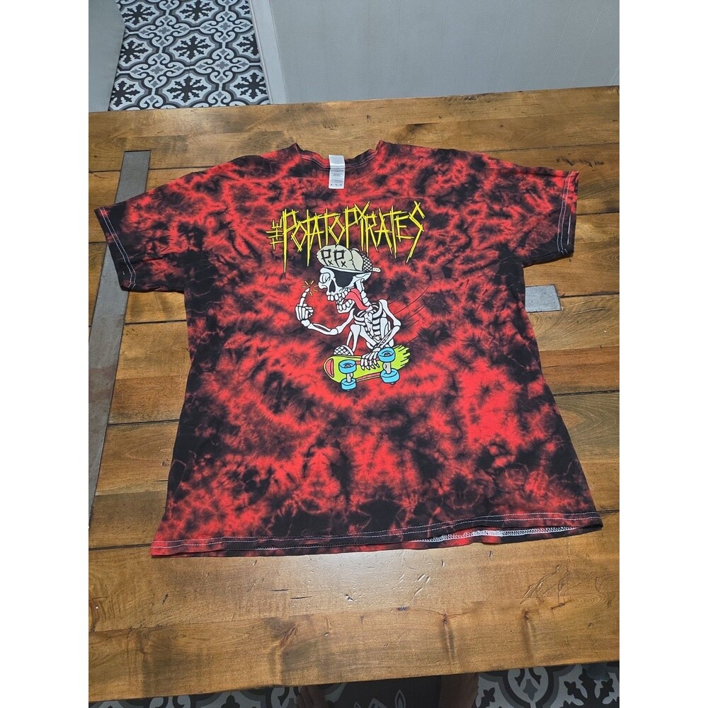 the potato pirates band shirt mens xl red black tie dye skeleton skateboard tee